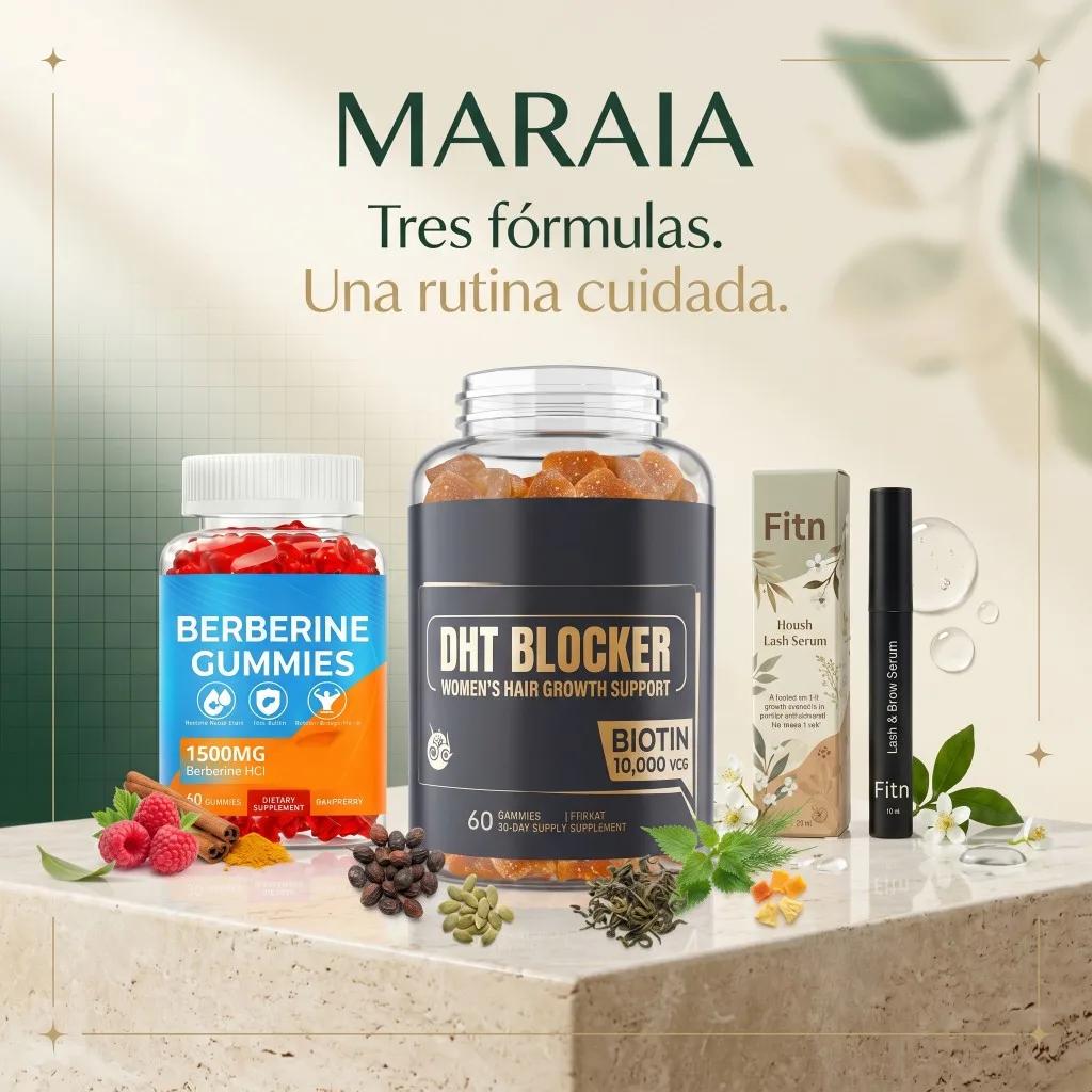 Maraia · Tres fórmulas. Una rutina cuidada. Berberina, DHT Blocker y Lash & Brow Serum sobre pedestal de mármol.