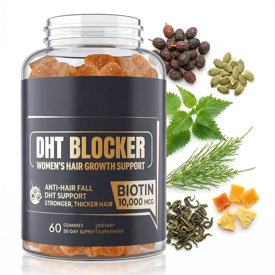 Frasco de Gomitas Anti-Caída con Saw Palmetto y Biotina 10 000 mcg
