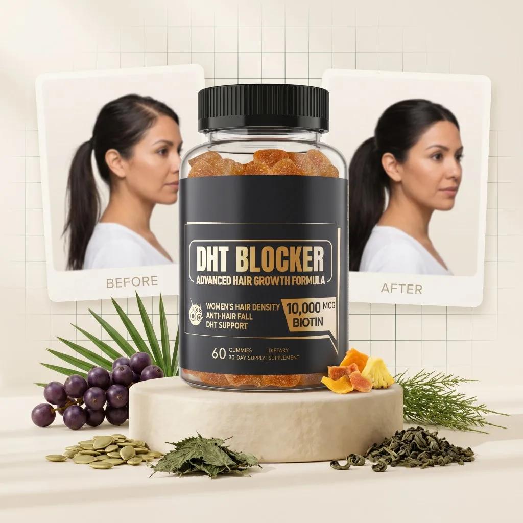 Frasco de Gomitas Anti-Caída con Saw Palmetto y Biotina 10 000 mcg